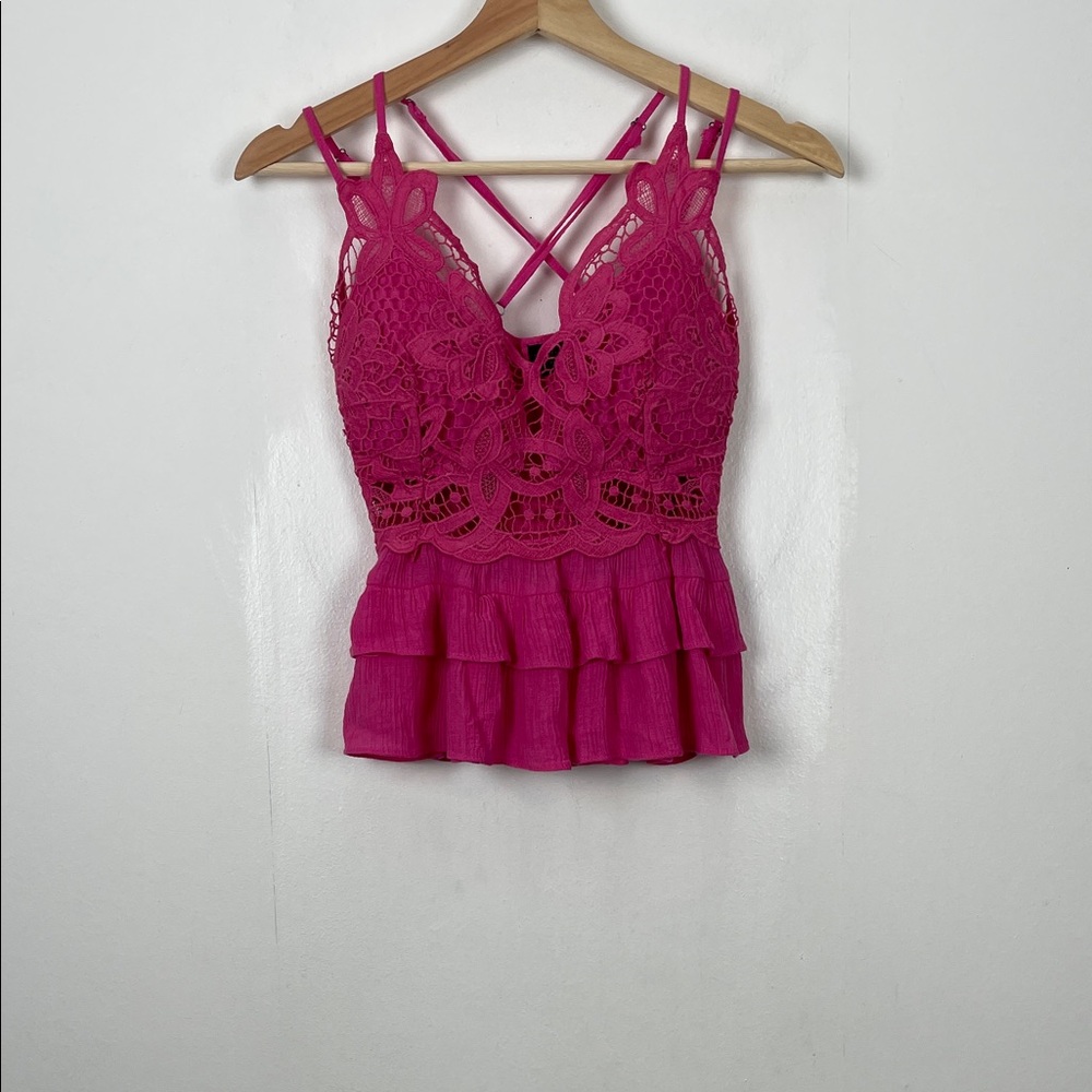 Milk & Honey Crochet Lace Ruffle Tiered Peplum Smocked Hot Pink Women's S Top
